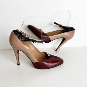 Valentino Tricolor Leather Ankle Strap Pumps burgundy, beige and black Size 38
